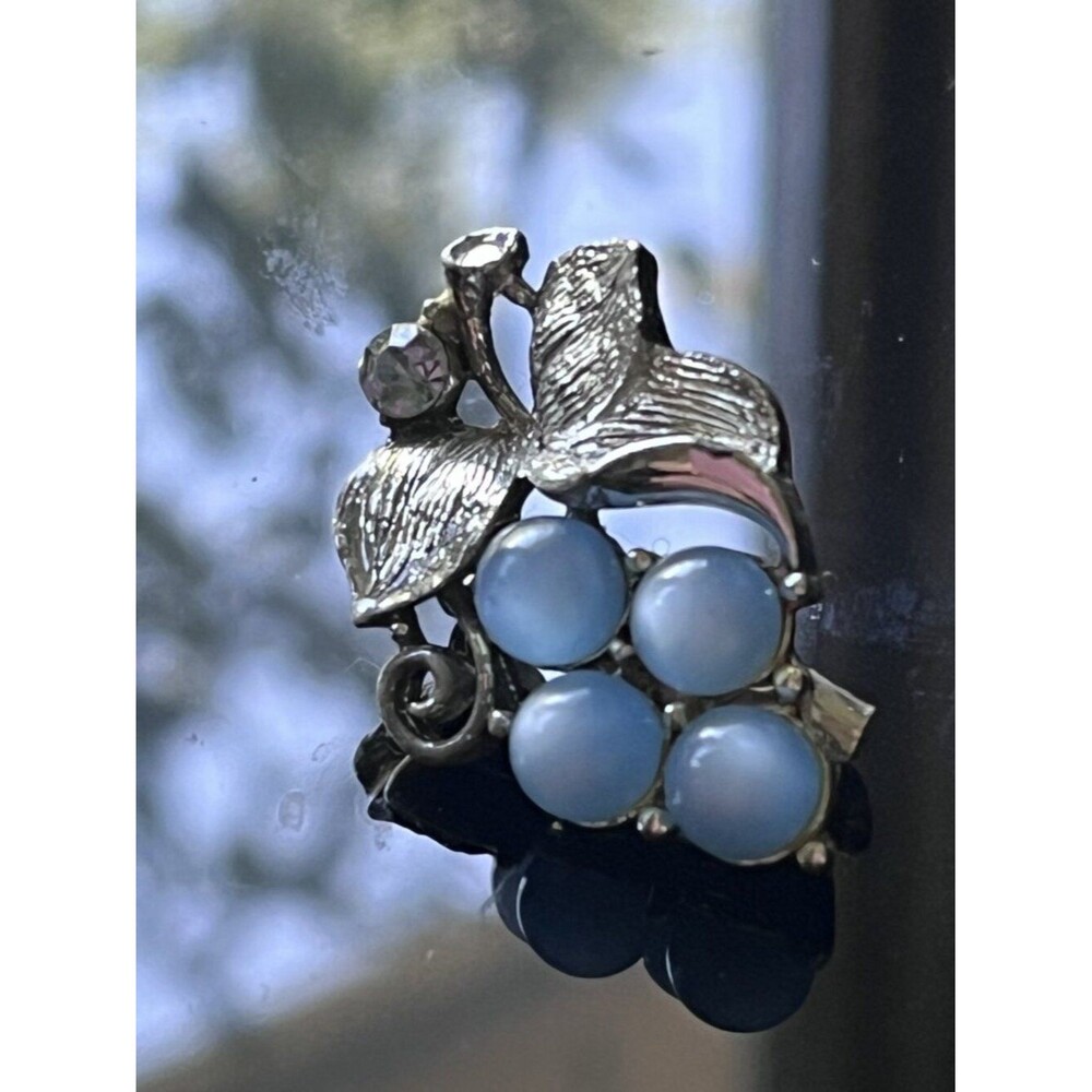 Vintage Blue Moonstone Glass Grape Brooch Silver Leaves 1950s